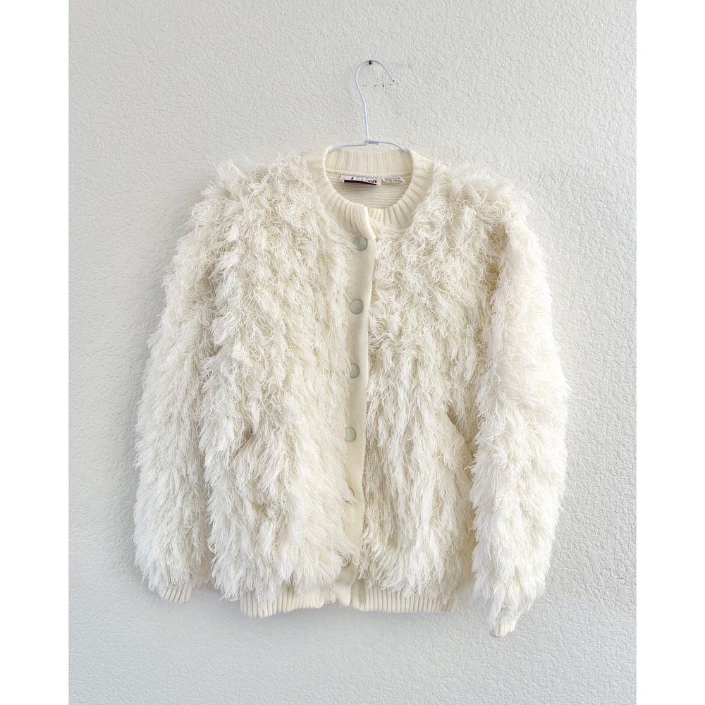 Vintage Shag Cardigan Sweater Acrylic Fringe Cream White Size M